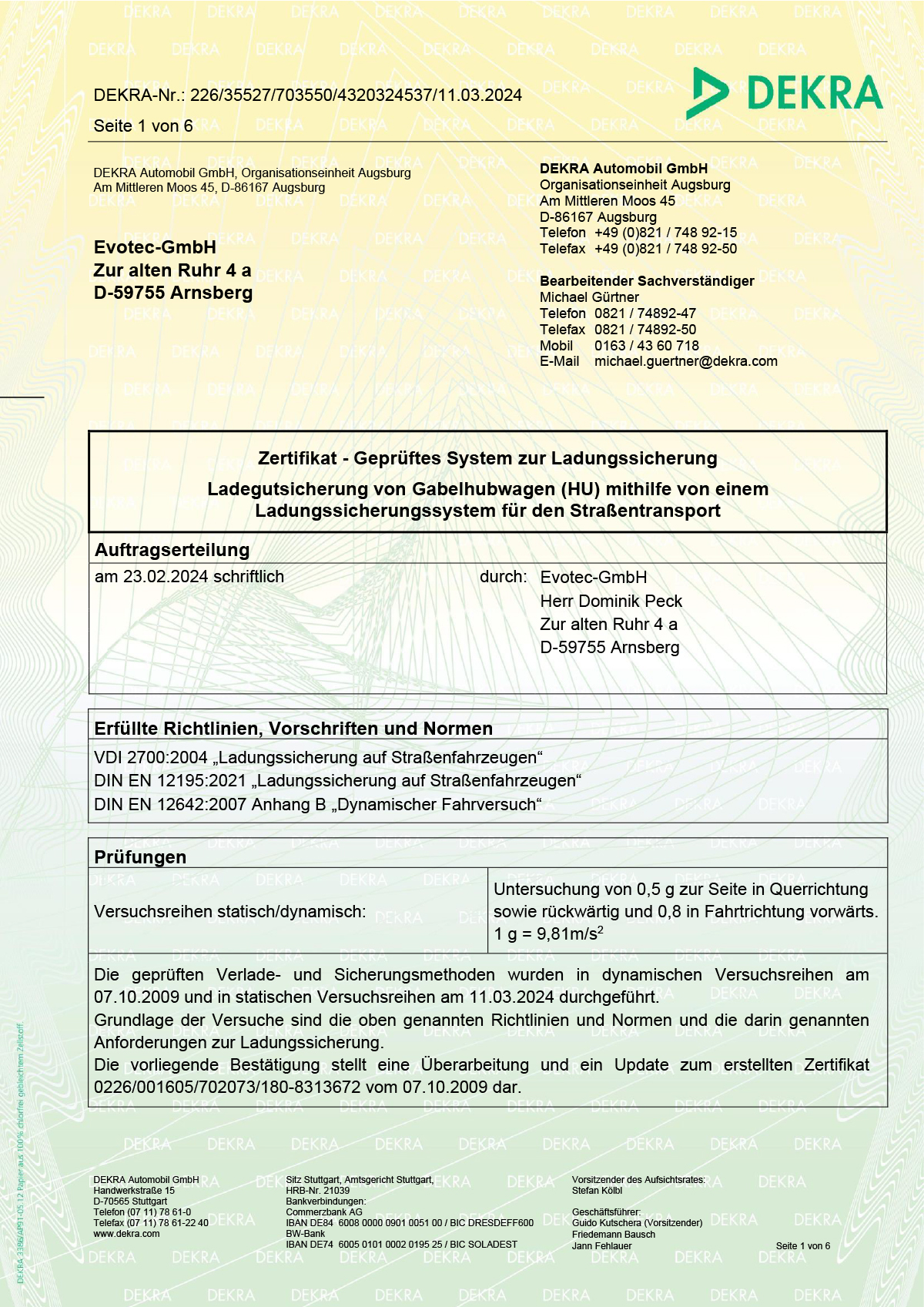 DEKRA certificate for pallet jack safety system